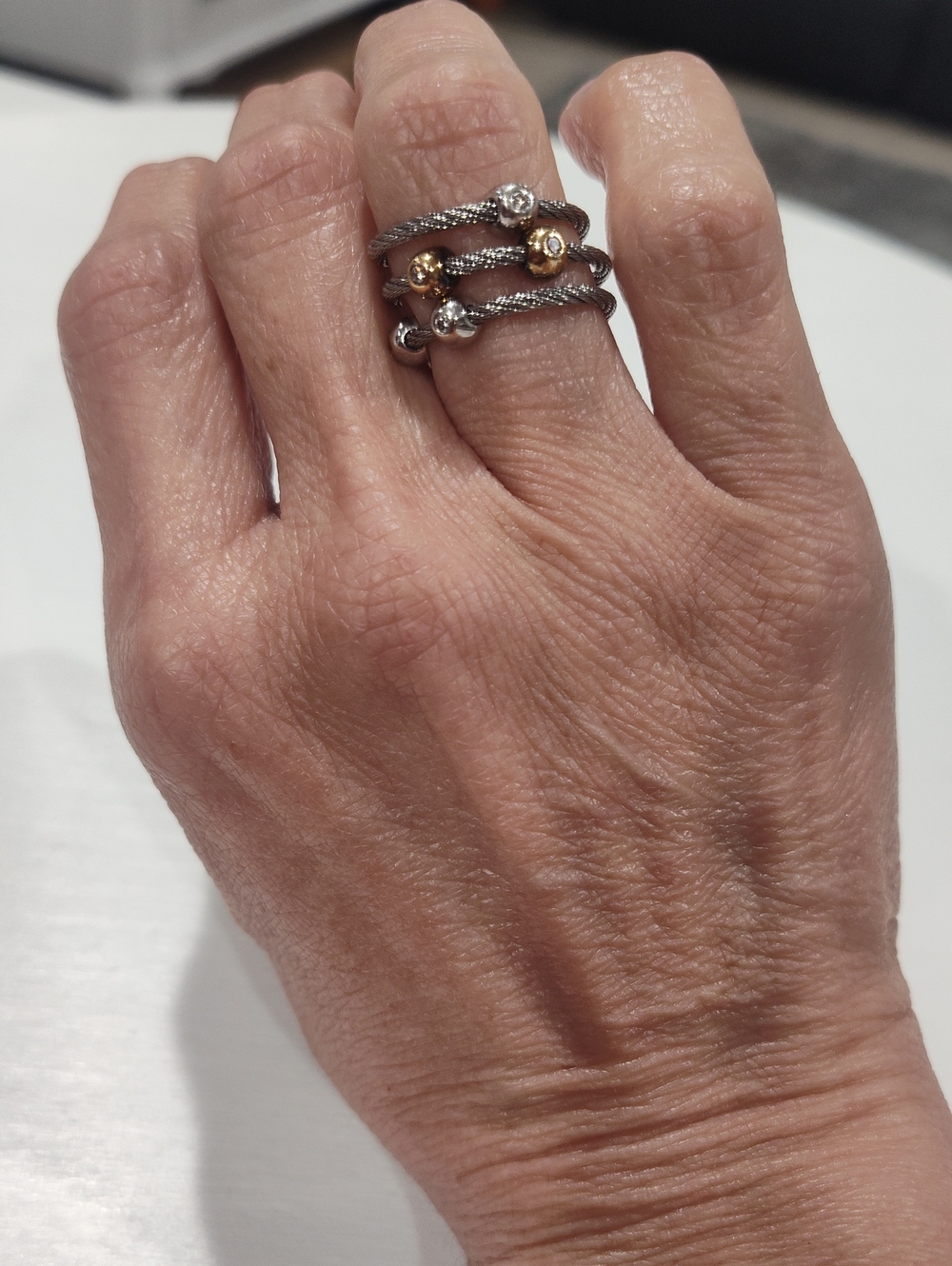 Charriol Malia 3 Row Stainless Steel Ring With  Five 18k Gold Diamond Stations